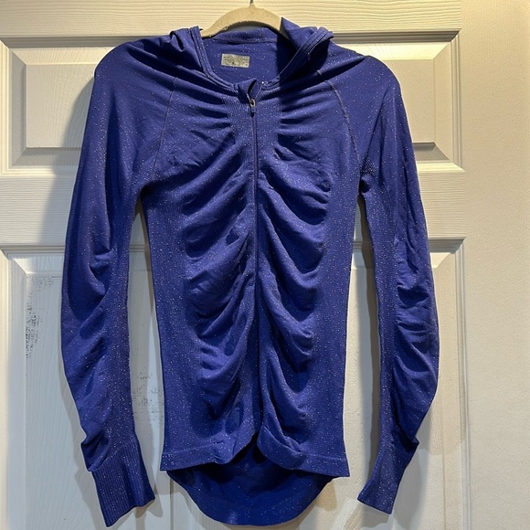 Athleta Momentum Blue Silver Shimmer Ruched Seamless Hooded Jacket M Glitter - Picture 1 of 8